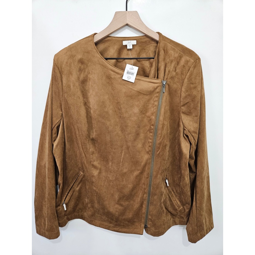 J. Jill Faux Suede Asymmetric Zip Moto Jacket Acorn Brown XLP Petite 165872 BNWT